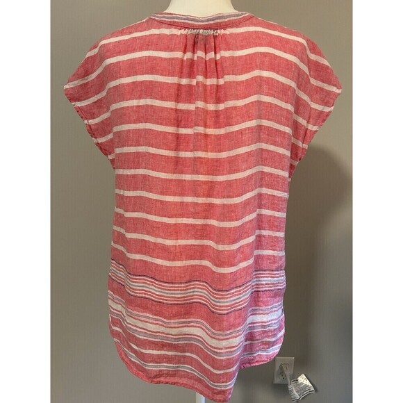 TALBOTS 100% Linen Pink White Stripe Cap Sleeve Tunic Top M - Picture 3 of 7